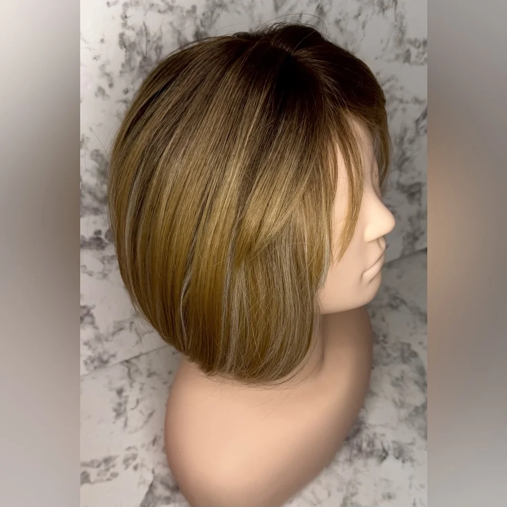 Short Bob Hair Topper with Bangs – Ombre Dark Blonde Synthetic Clip in